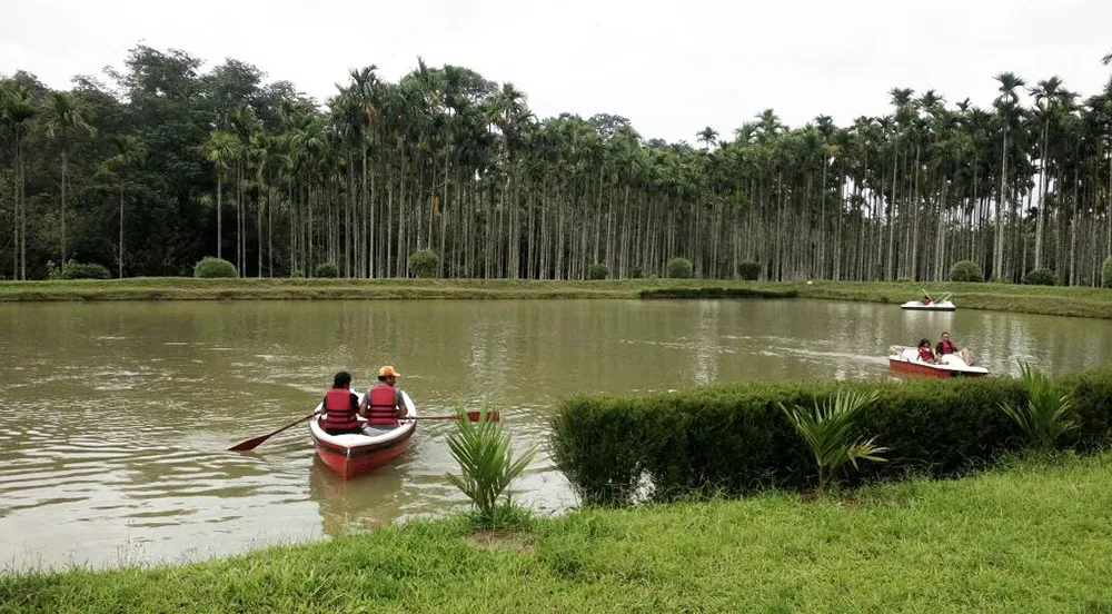Guests enjoying paddle boat on serene pond at Pappy’s Nest